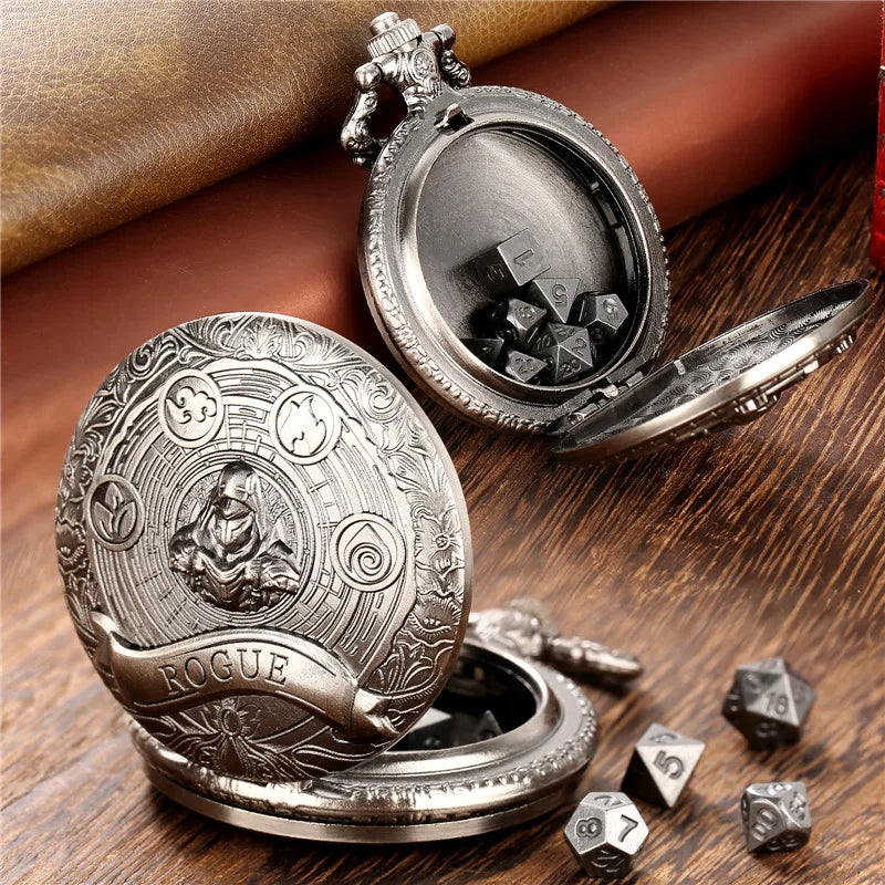 Rogue Pocket Watch Case with 7pcs Metal Dice set