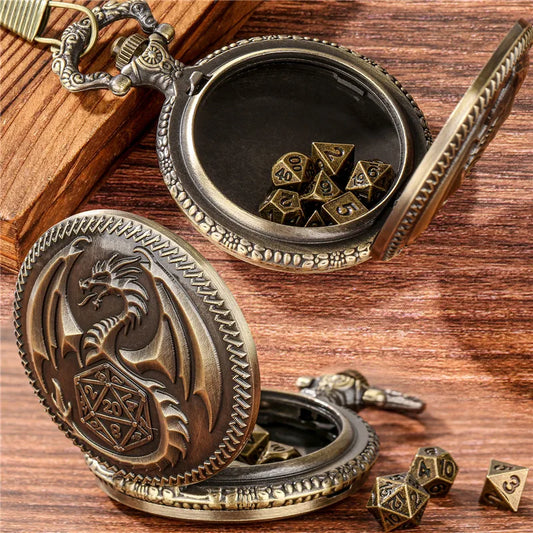 Dragon Pocket Watch Case with 7pcs Metal Dice set